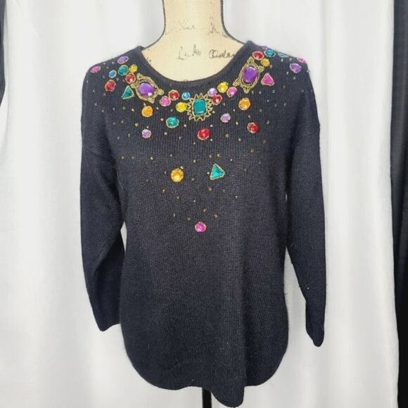 Vintage Sweaters - Vintage 90s Black Silk Angora Wool Colorful Jewel Glam Goth Sweater